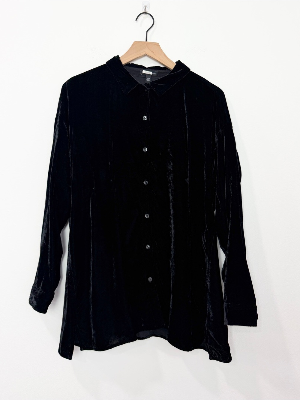 Eileen Fisher Velvet Classic Collar Shirt Easy Fit Long Length Black Size Large